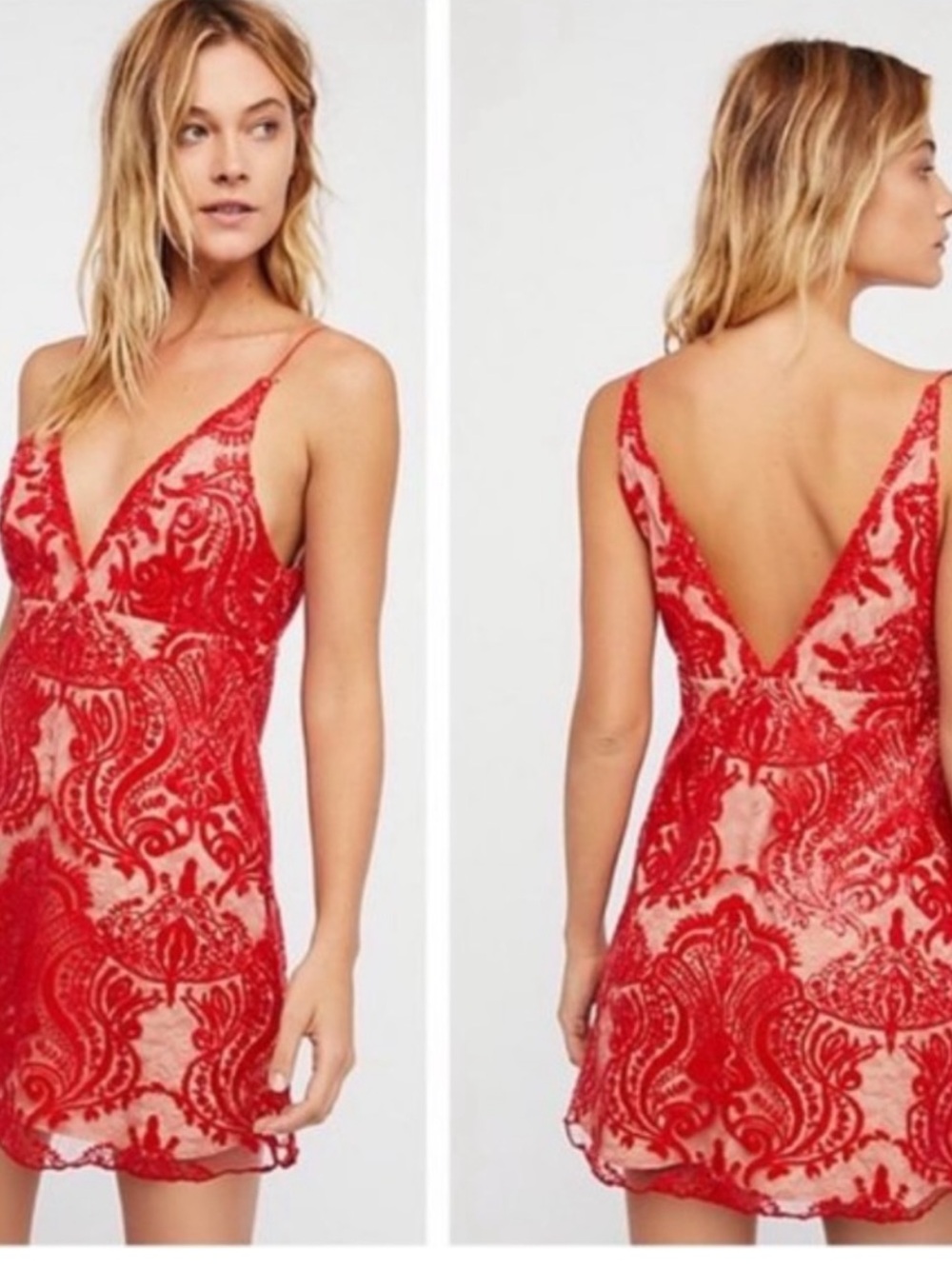 Free people women’s Red Lace V-Neck Slip Dress size 6
